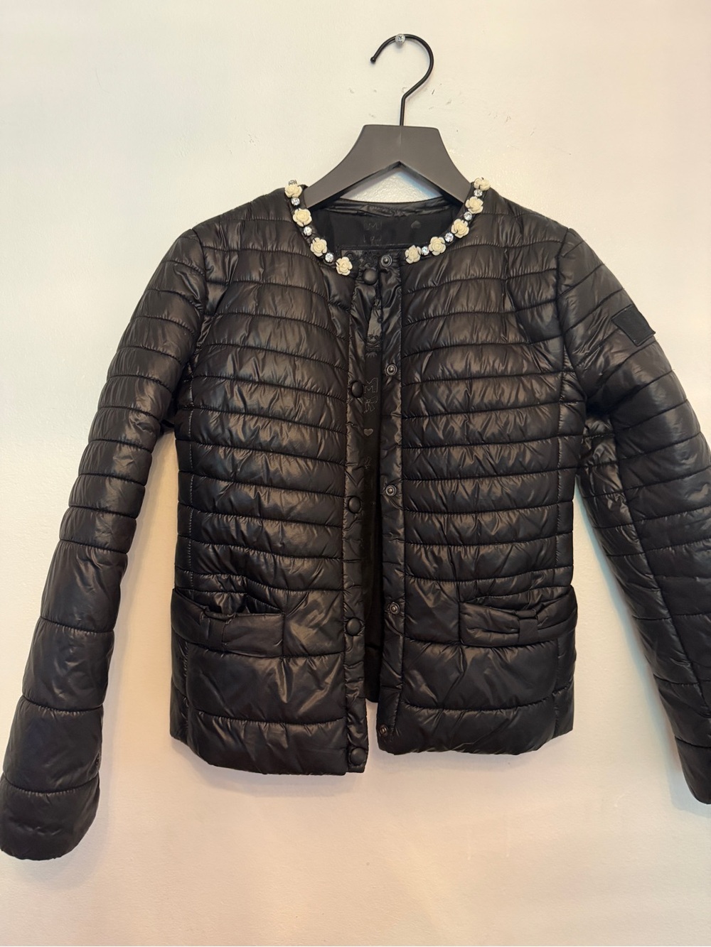 Women's Black Quilted Puffer Jacket with Embellished Neckline